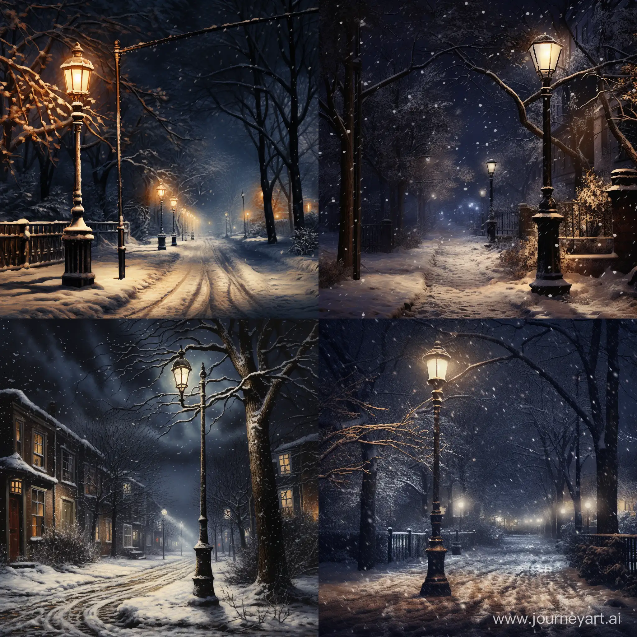 Enchanting-Winter-Night-Illuminated-Snowfall-under-a-Single-Street-Lamp