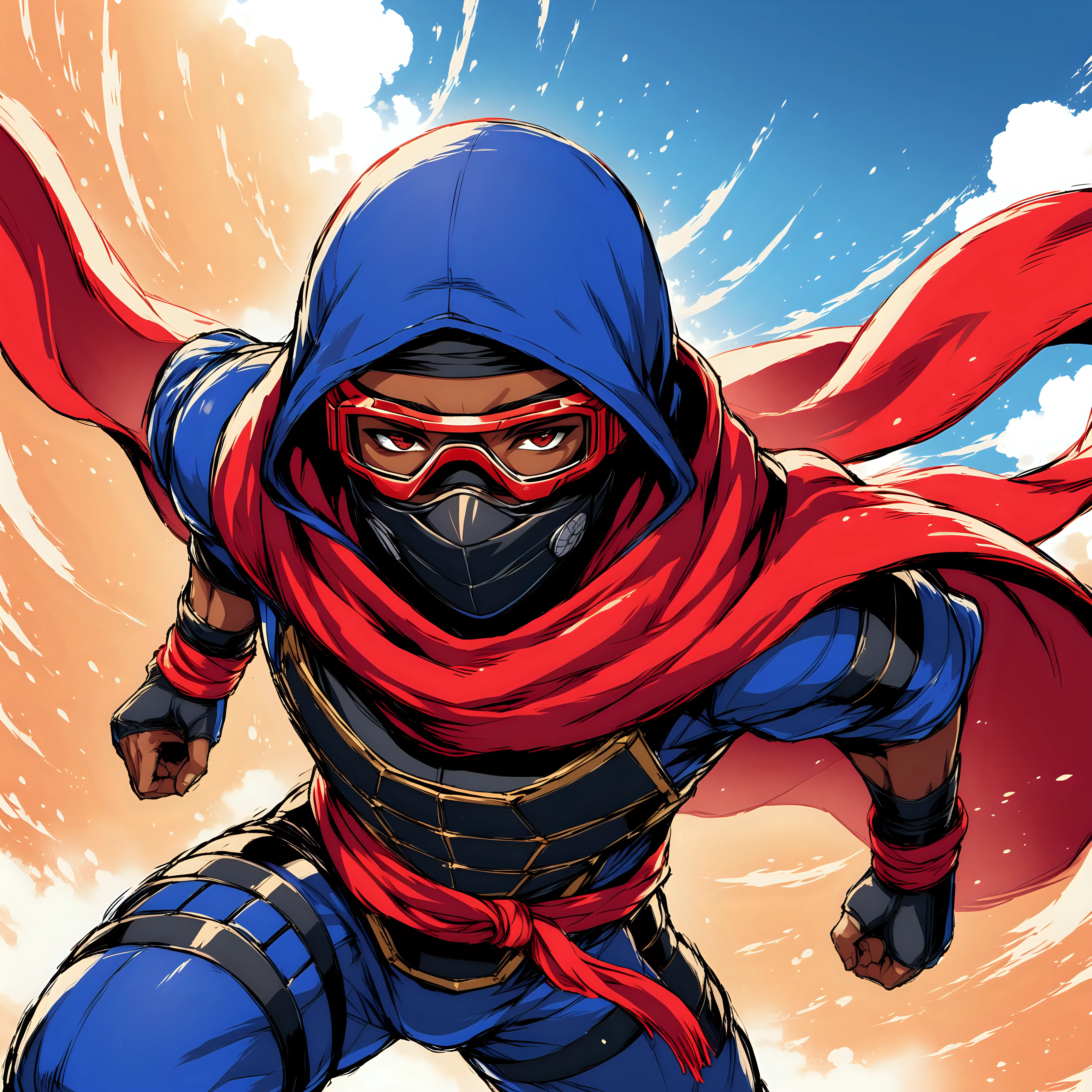 A ninja in royal blue ninja armor. He is African American. He has a long scarlet red scarf that covers the lower half of his face. He has goggles that look like ski goggles on his eyes. He has super speed as a superpower 