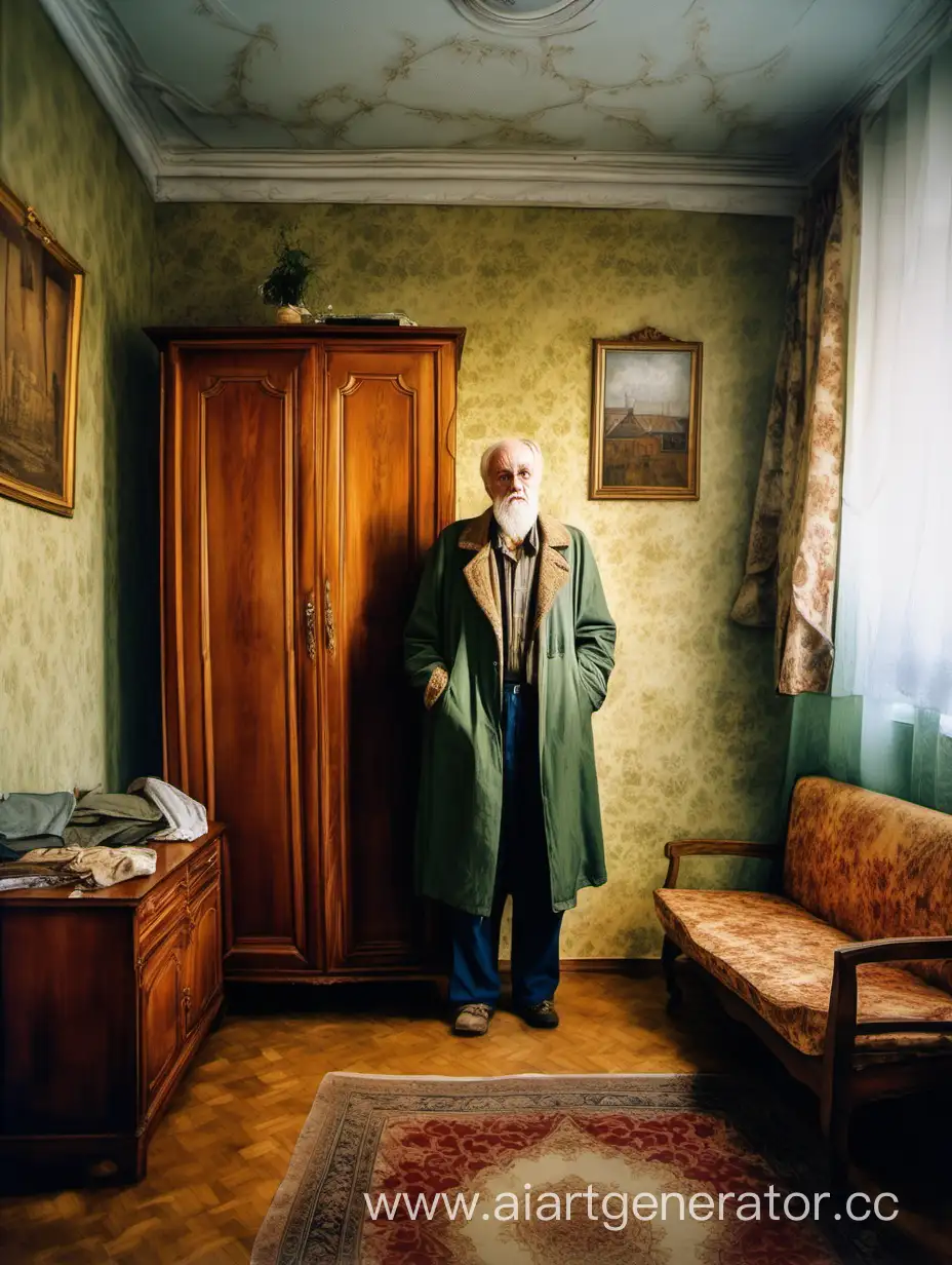 Нарисованная картина, где одинокий старик сидит в советской квартире. Старый диван, дубовый стол, огромный деревянный шкаф.