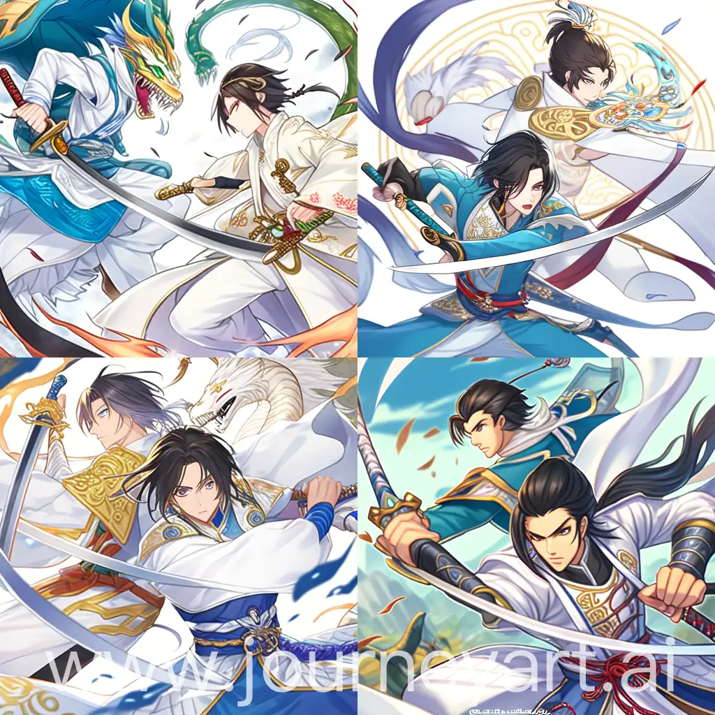 Anime style, Ancient China, two guys fighting each other with swords, The first man is wearing a white hanfu with a gold pattern, he has Hindi on his forehead, he has a serious face, long black hair, rich hanfu, the second man is wearing a white hanfu with a blue pattern, he has a sword with a dragon hilt, he has long hair that is tied in a ponytail and a Chinese hairpin in his hair, he is crying