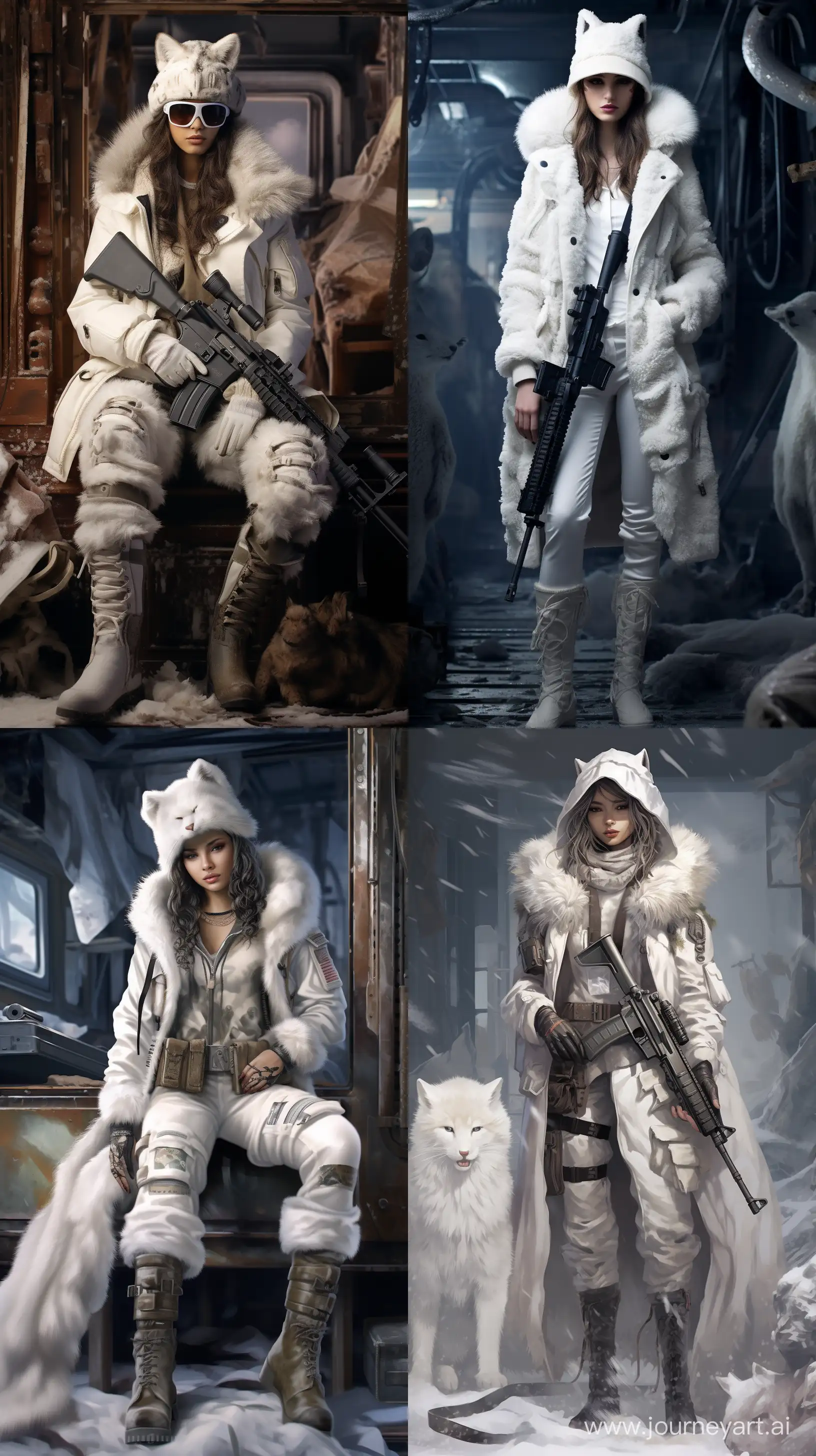 Post-Apocalypse tomboy in uniform, transgender 25-year-old, woman in a post-apocalyptic setting, dressed in a  white snow camouflage military uniform with fur  hat,  white  fur Double-breasted
Overcoat, white  fur pants and white   fur boots, solo, without weapon  --ar 9:16

