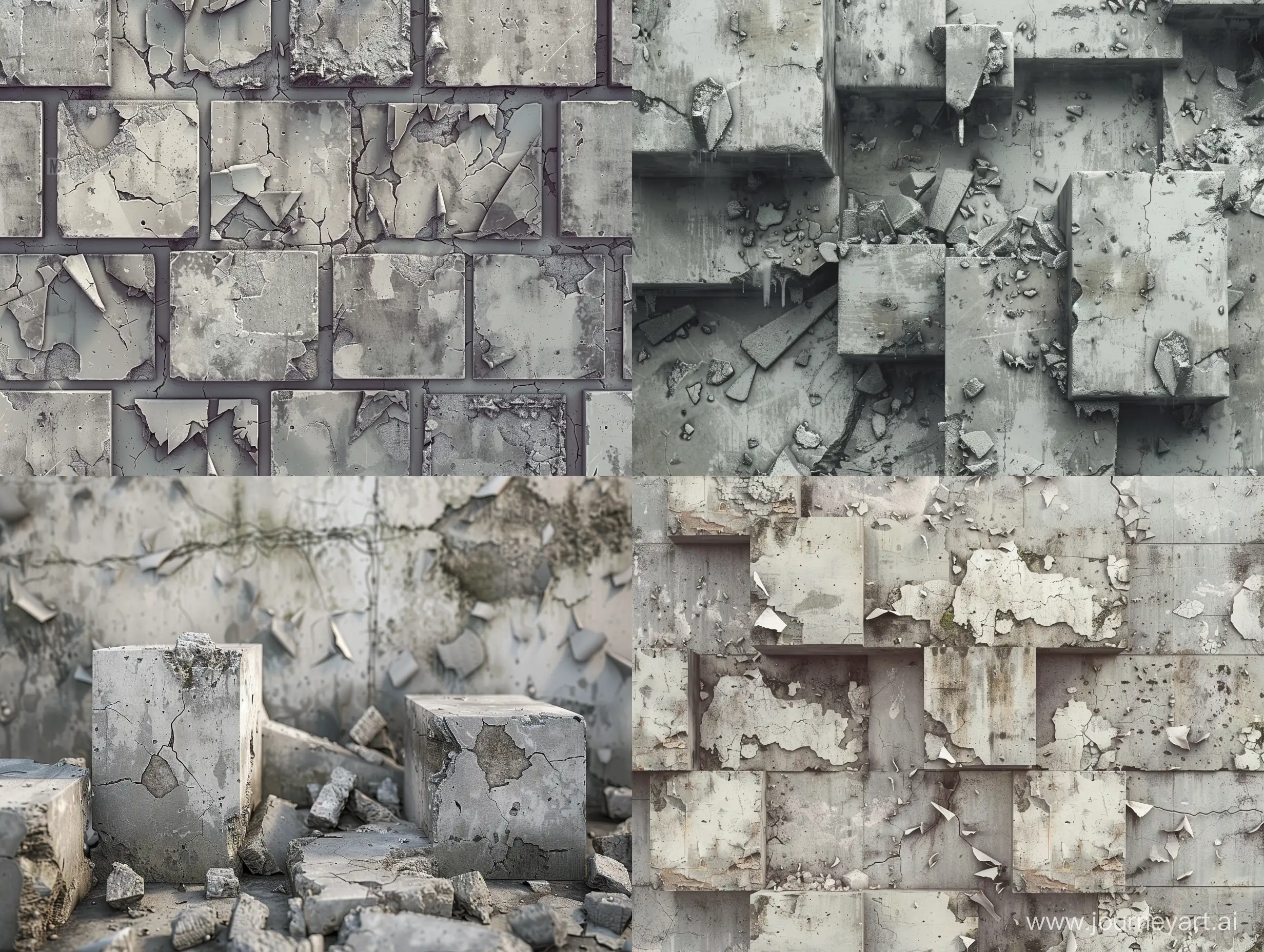 Asset of sprites for 2d platformer. concrete blocks, pieces of ruins, peeling walls. details of the sprite map. post-apocalypse, brutalism. 8k. photorealism, unreal engine