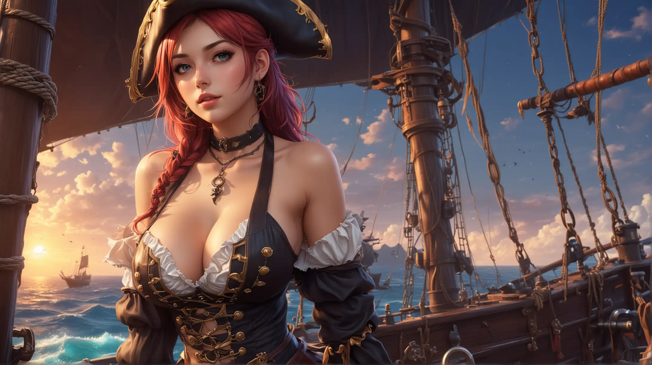 Beautiful seductive pirate anime girl, shapely busty, sexy pirate clothing, epic pirate ship background, vibrant colors