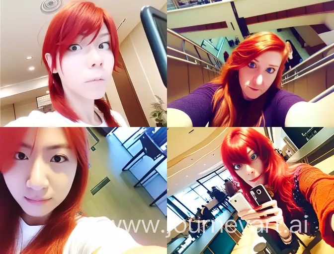 Interior selfie of a woman with red hair, shot on a low camera quality phone