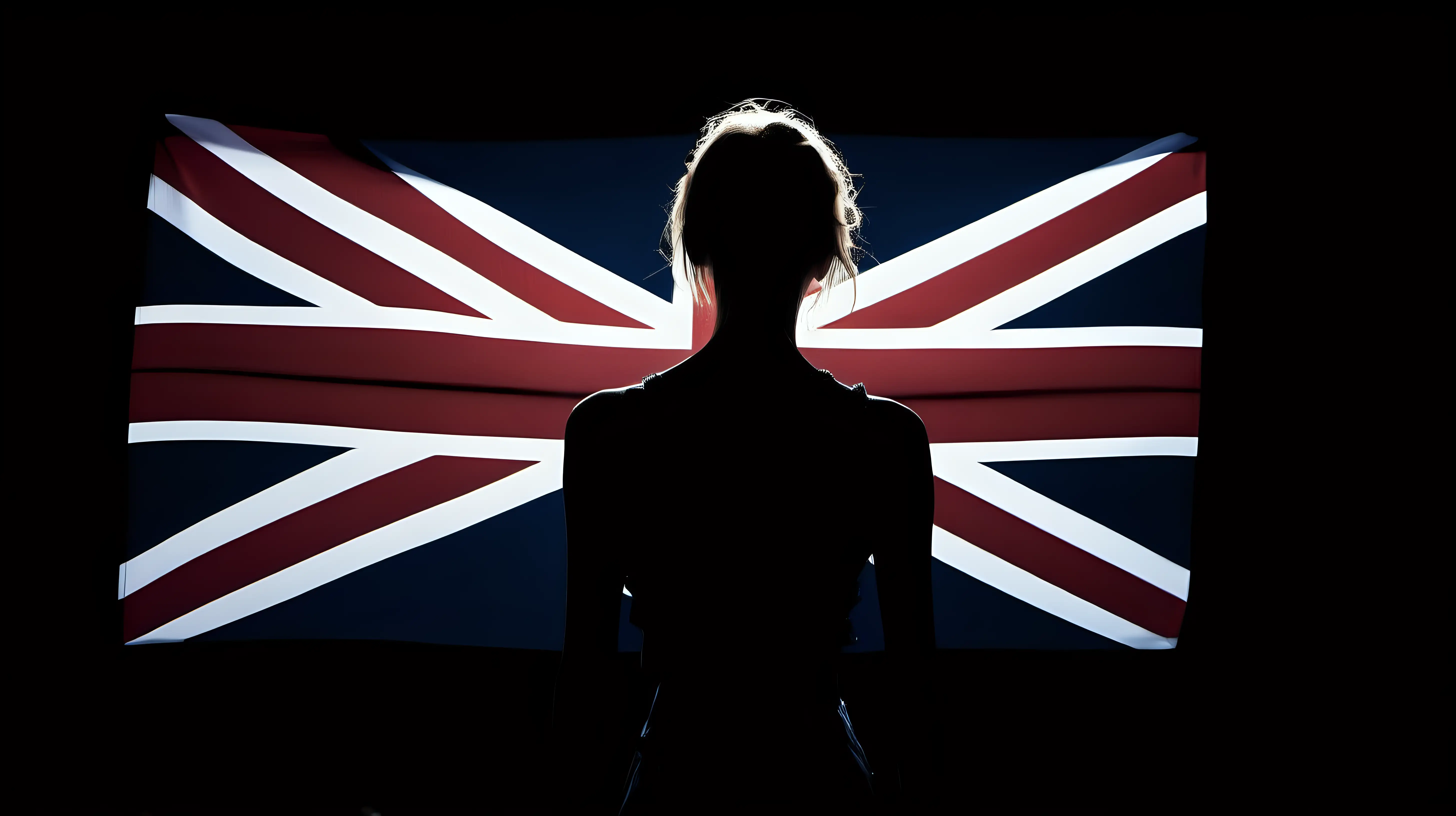 "Illuminate the darkness: Capture the silhouette of a person holding a luminous Union Jack flag against a deep black backdrop, symbolizing unwavering patriotism."