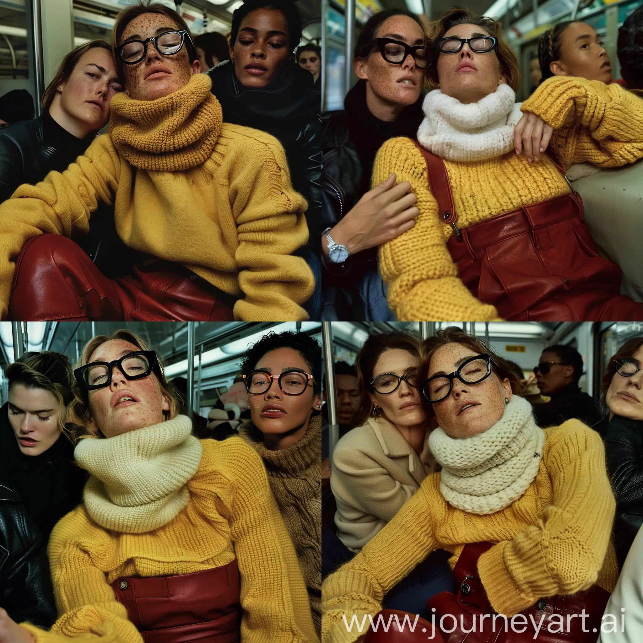 40 year old Katee Winslet slouches laying back relaxed on a crowded subway , imperfect freckled skin, wearing a yellow mohair sweater with an extreme multiple folded turtleneck that surrounds her chin completely , dark red leather dungarees , black chunky framed glasses, A Latino woman wearing an extra chunky knit white turtleneck , is leering seriously at kamalaa and affectionately playing with her turtleneck, muted colours, moody atmosphere