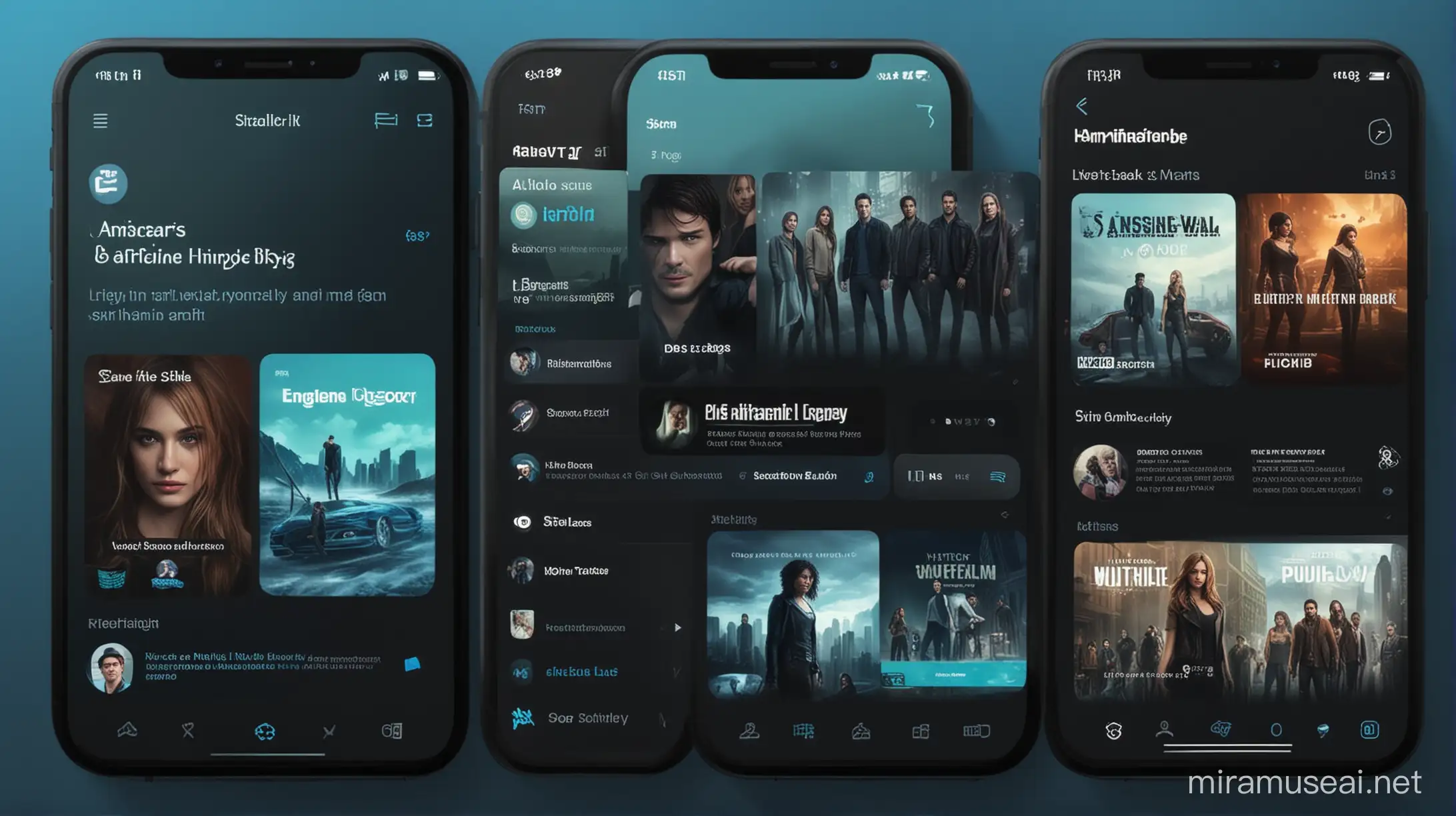 create a video streaming app in the style of netflix and hulu. the colors are blue and black