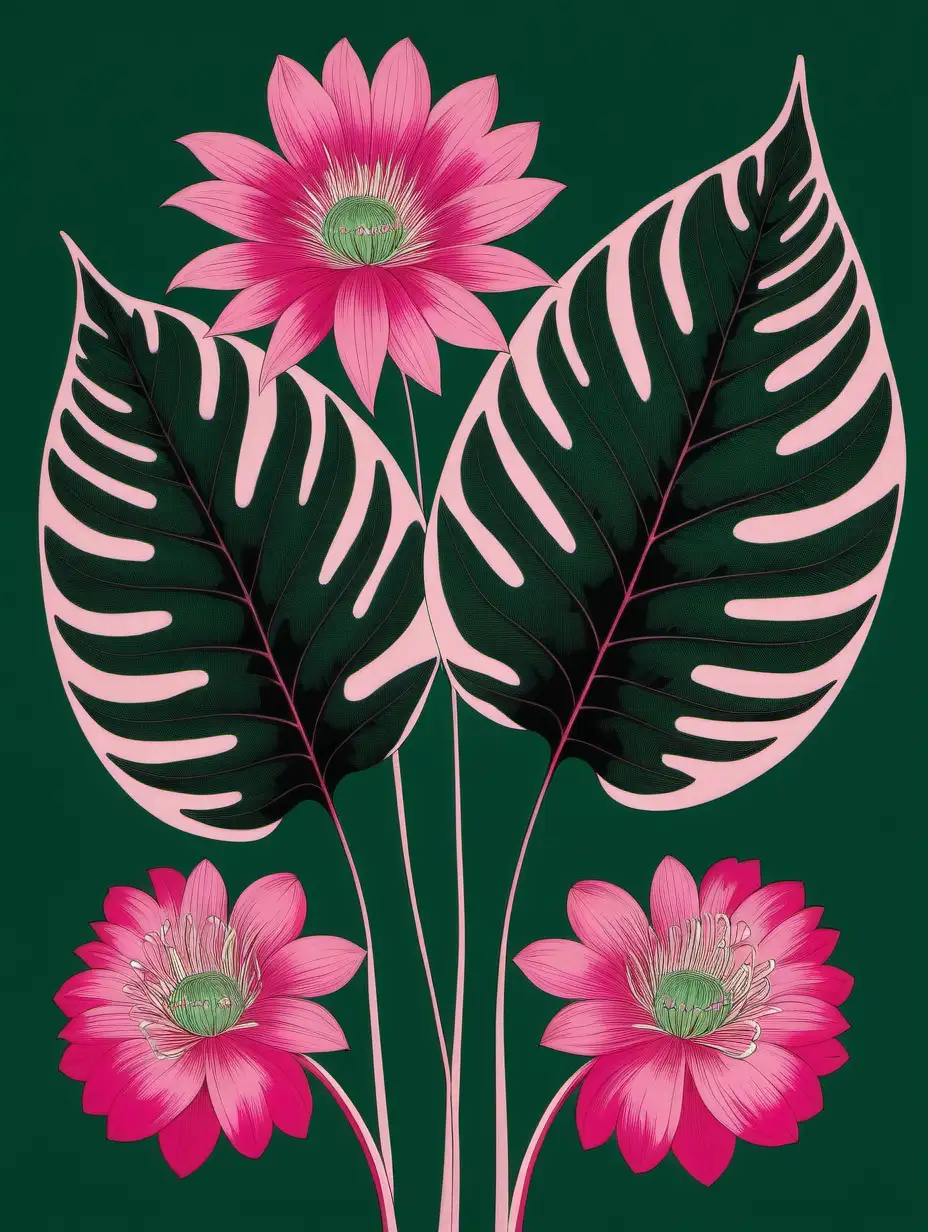 Botanical print large dark green leaves, large pink flowers, vivid colour 