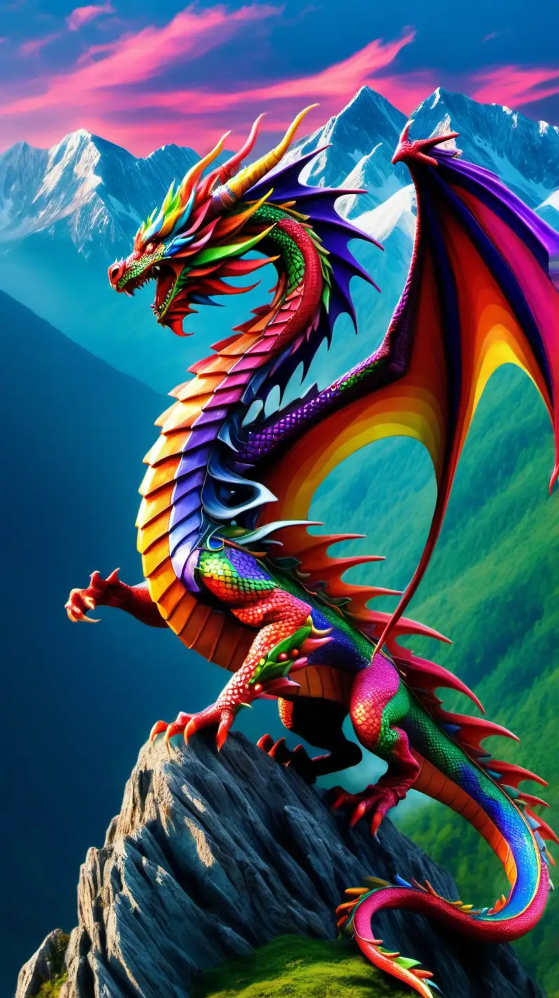 Vibrant Dragon Soaring over Majestic Mountain Peaks