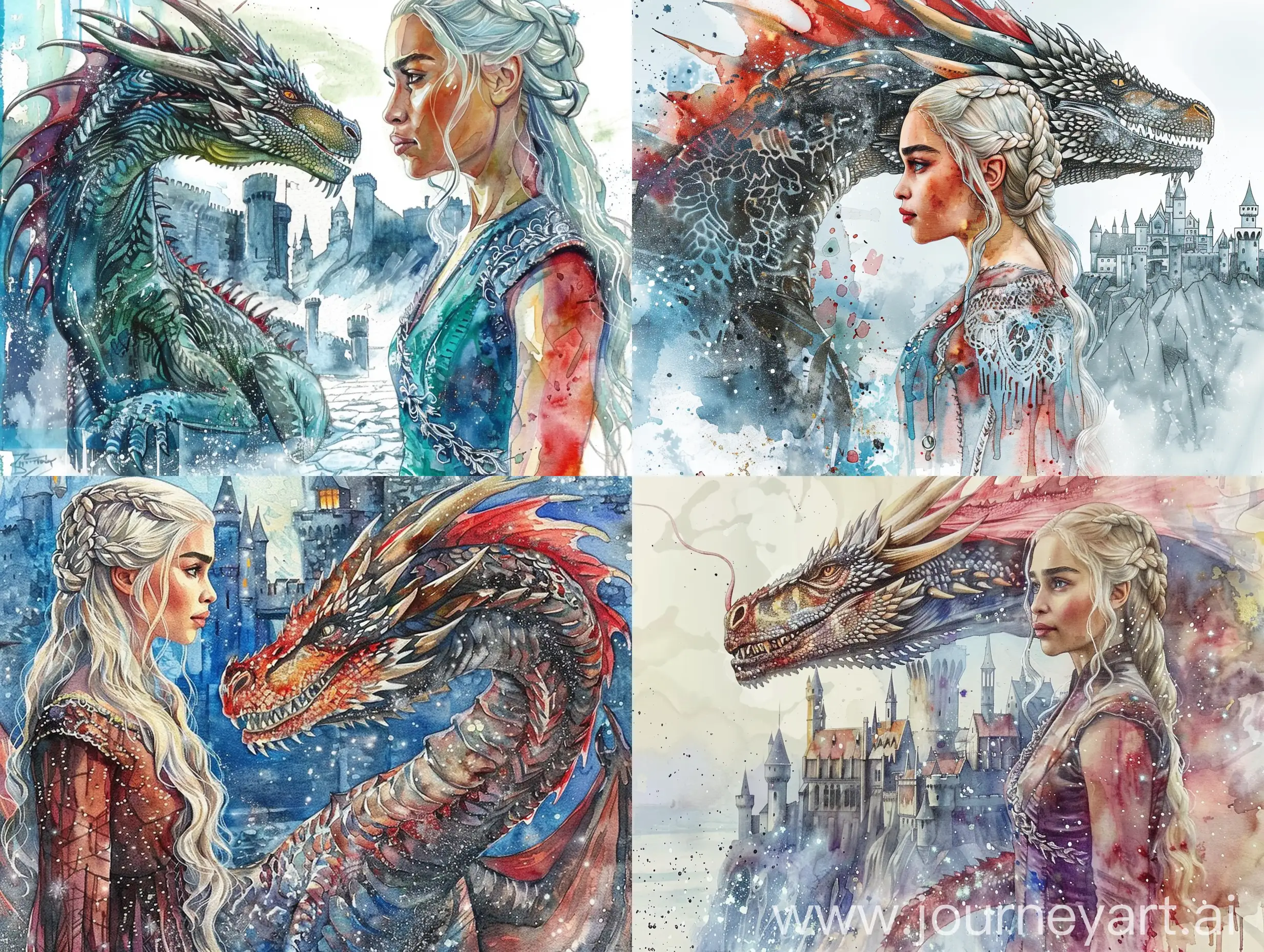 Daenerys-Targaryen-with-Dragon-in-Watercolor-Fantasy-Art