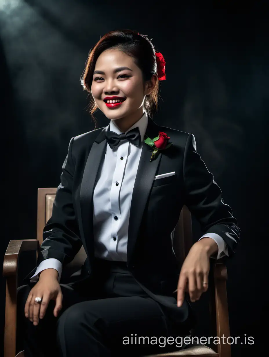 A happy Vietnamese woman sitting in a chair in a dark room.  She is wearing a tuxedo with an open jacket, a white shirt with a black bow tie and cufflinks, and black pants.  She has long air and lipstick.  She has a red rose corsage.