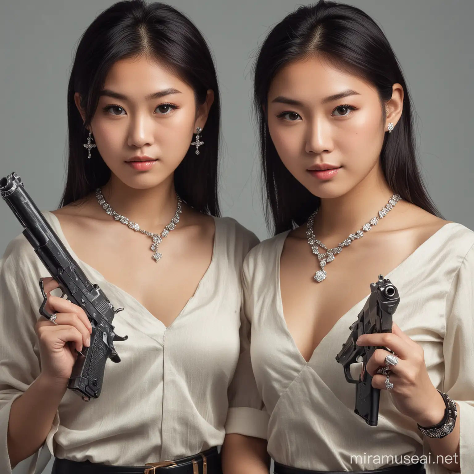 Two Asian girls with diamond necklaces on holding guns