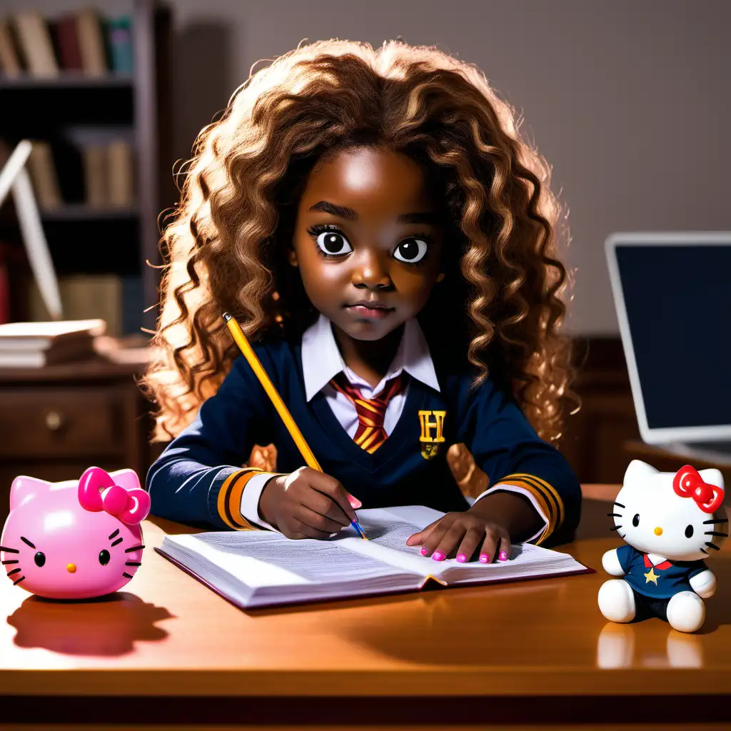 create an African American Hermione Granger sitting at a desk studying while with her pal Hello Kitty