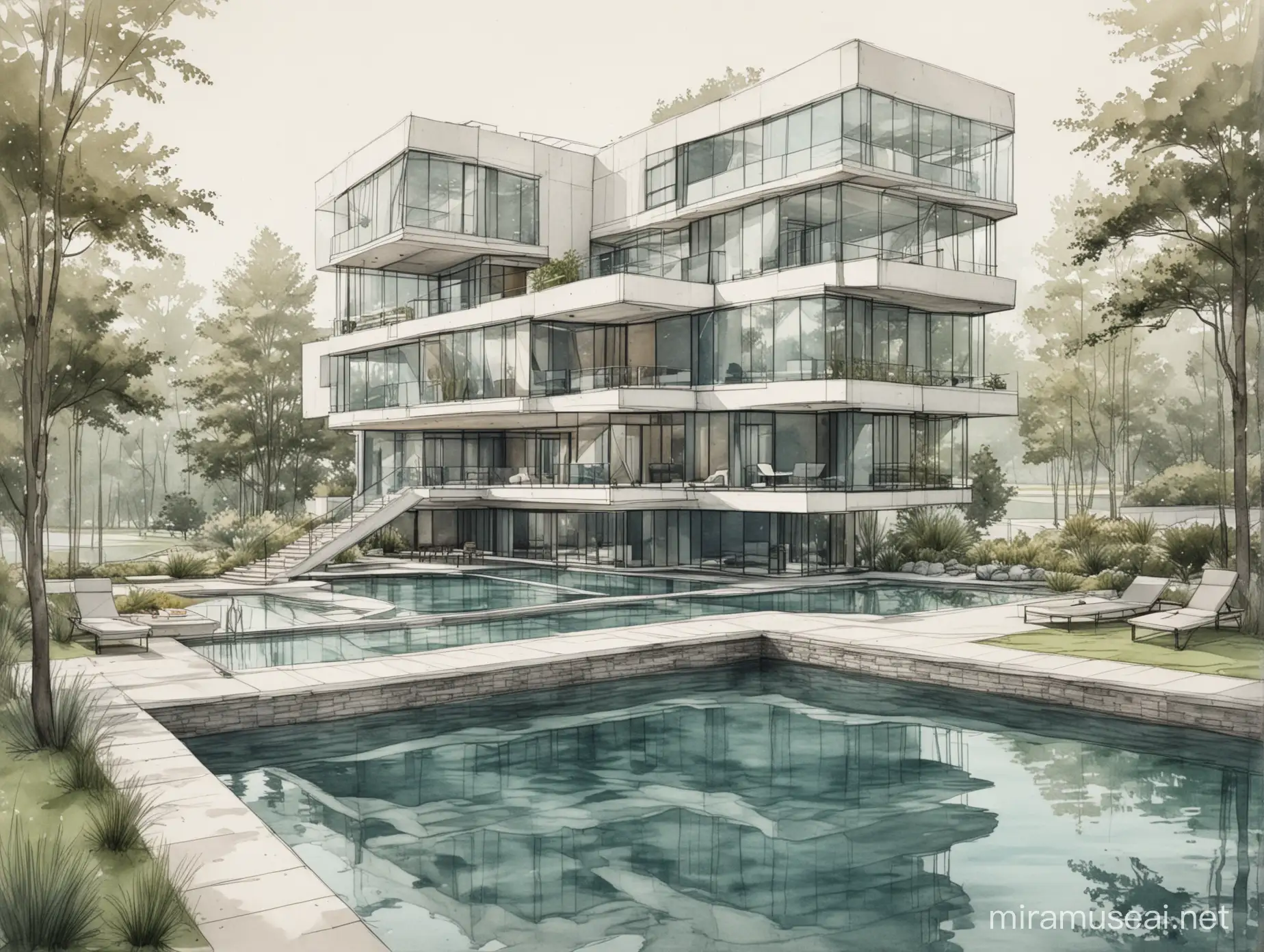 Modern FourStory Building with Integrated Outdoor Pond and Indoor Pool Featuring Geometric Shapes