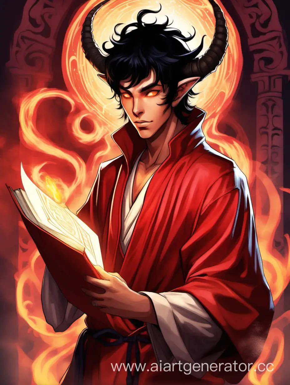 A young tiefling with black hair that reaches his shoulders. He has red skin and amber colored eyes. His horns are slightly tipped. He is dressed in a red colored robe. His hand is outstretched in front of a magical scroll with a glow emanating from it.