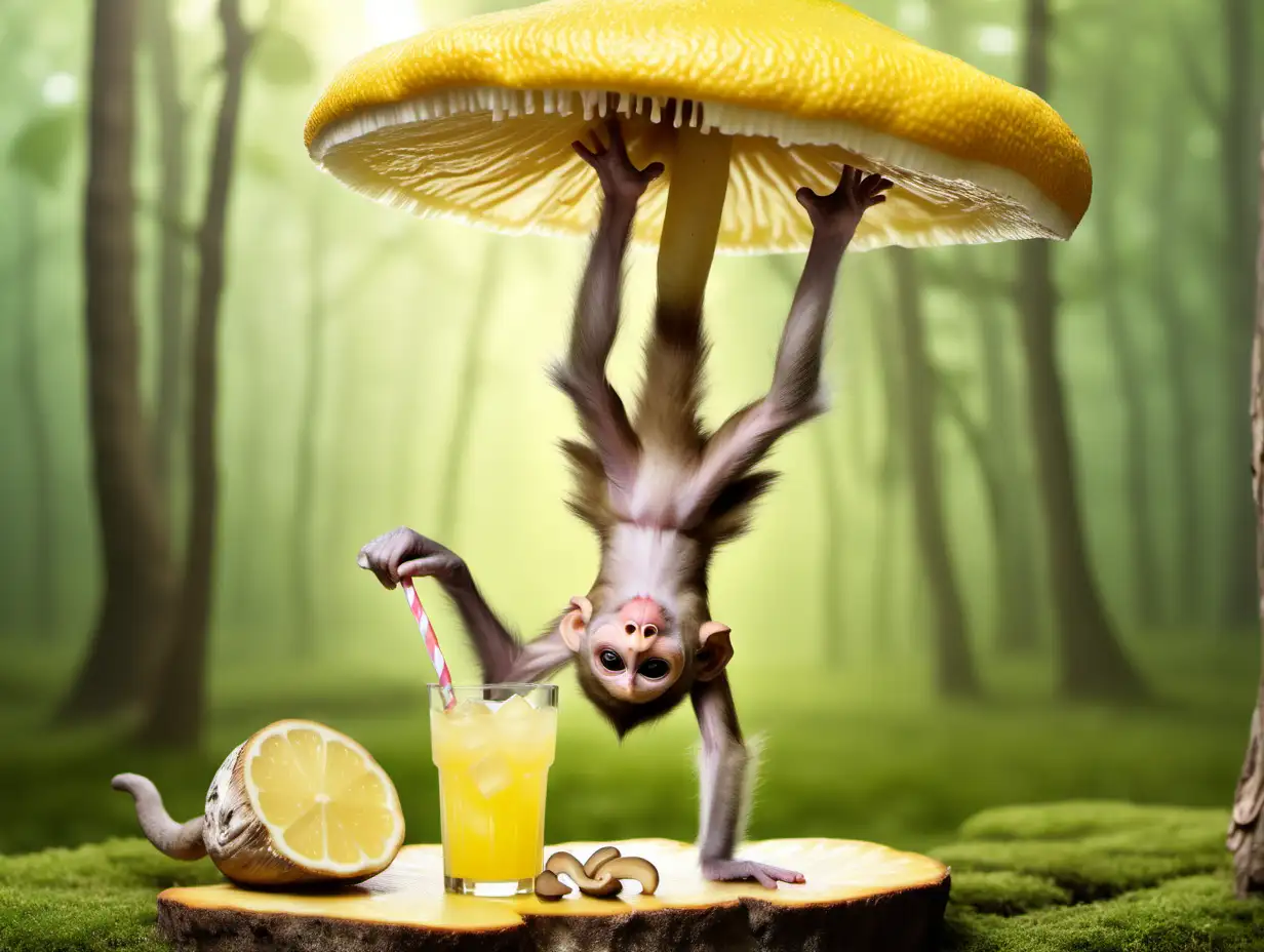A monkey drinking lemonade and doing a handstand on a mushroom
