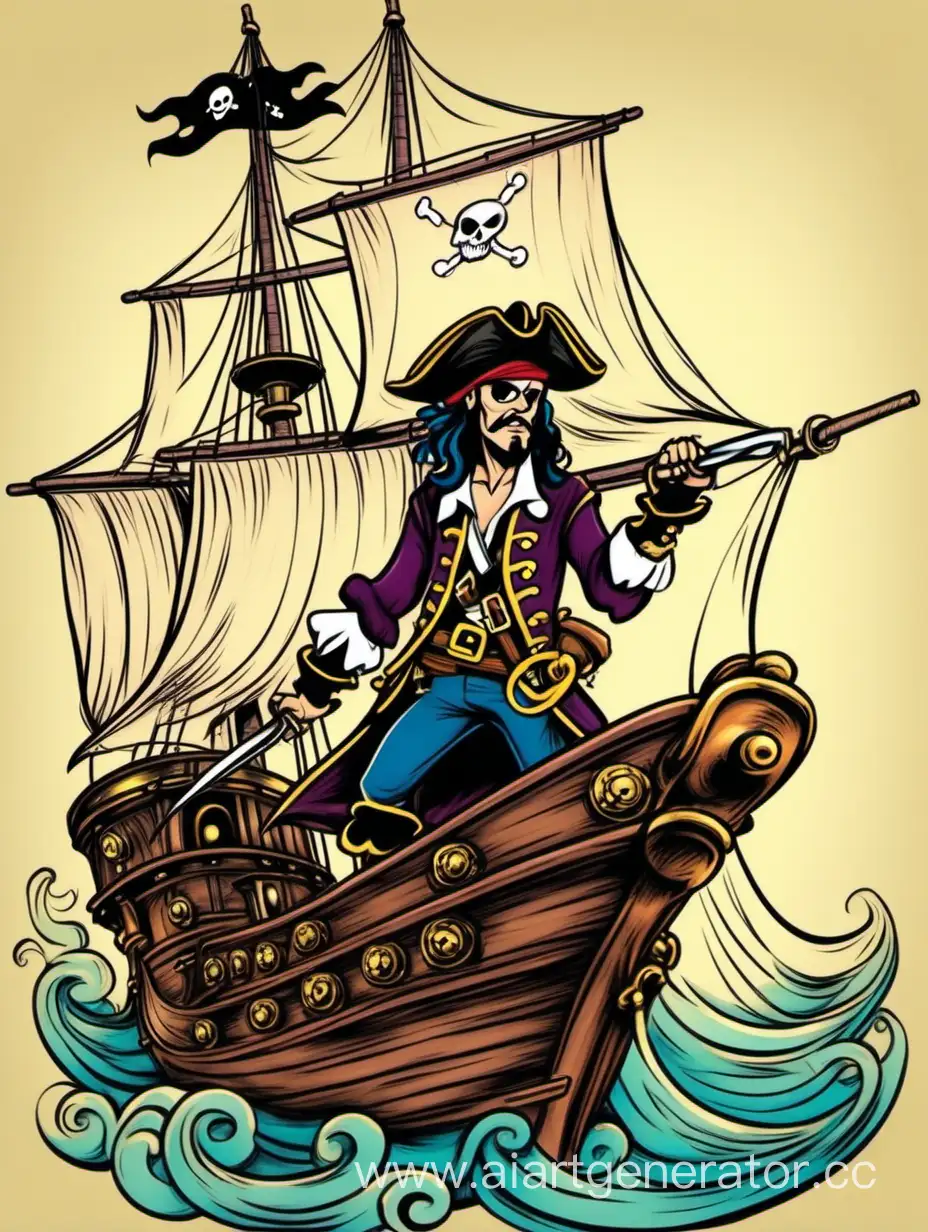  пират на корабле рисунок в стиле дисней в цвете