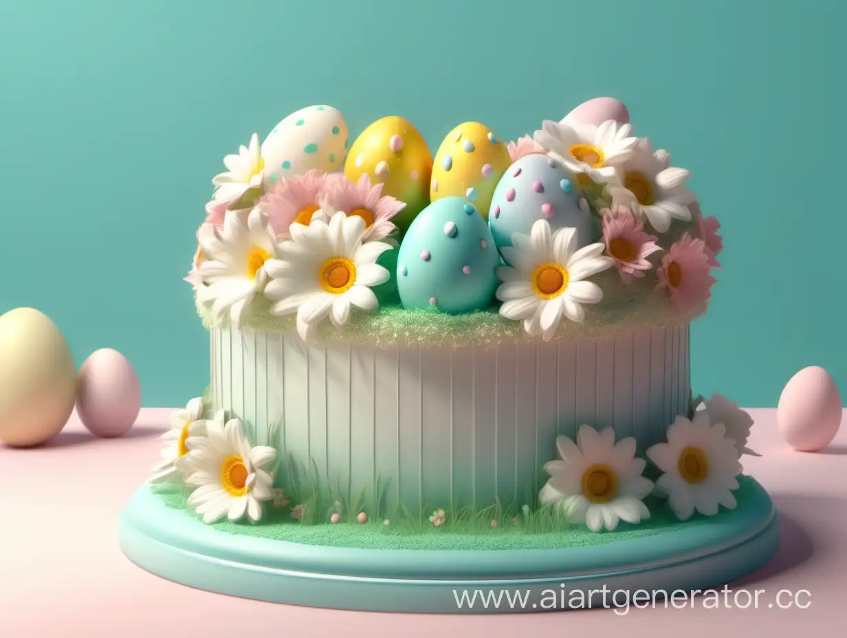 A Easter cake with flowers and eggs inside in the house, happy Easter sunny, pastel colors, soft, dreamlike, surrealism, simple background, intricate details, 3D rendering, Octane rendering. Beautiful, perfect, masterpiece of the best quality.