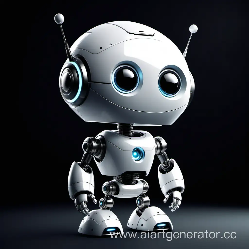Charming-Small-White-Robot-with-AntennaEars-on-Black-Background