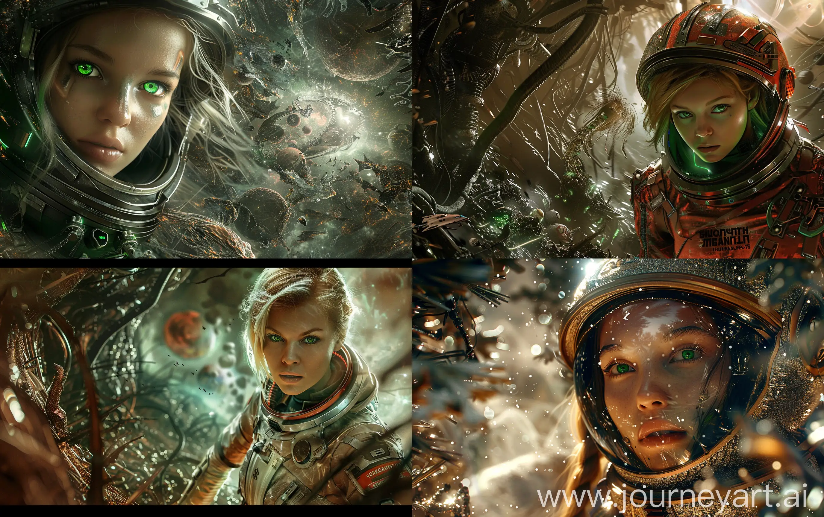 green eyes blonde in russian future spacesuit exploring a mystierious planet in a metal and carbon forest, fantastic life forms at the distance, atmospheric effects, super realistic, cinematic --ar 16:10
