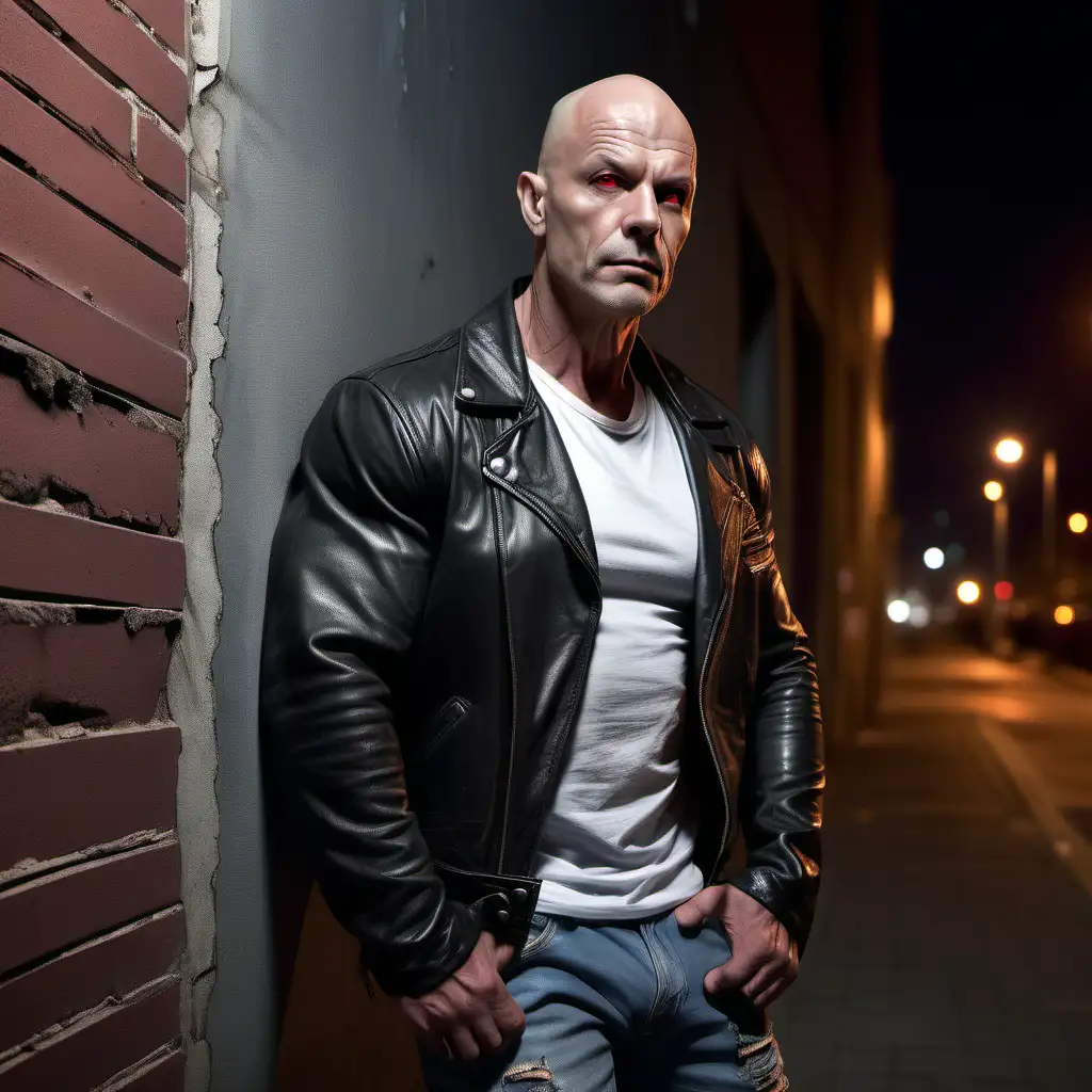 A bald male, 190 cm tall, rocker, red eyes, middle aged, wearing a t-shirt and a loose worn-out leather jacket, leaning against a wall, outside in the night, realistic, bodybuilder physique