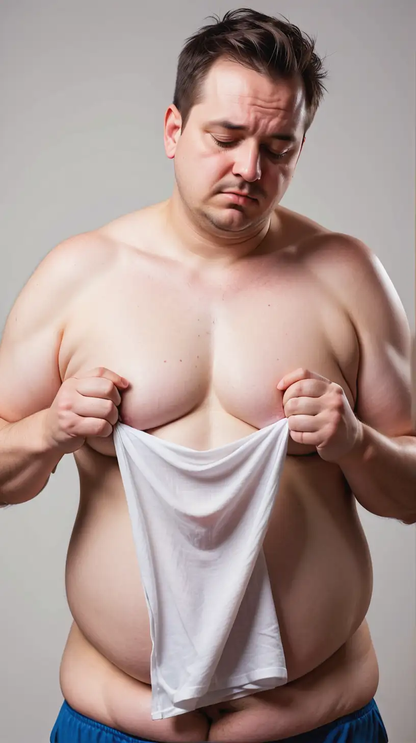 A man in the process of taking off his shirt but he cant because of how overweight he is, he struggles. 
