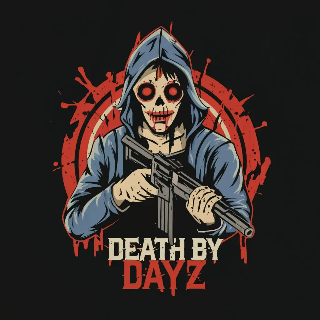 a logo design,with the text "Death By Dayz", main symbol:Zombie
Guns
Bloody
Horror
Scary
Creepy
,complex,be used in Events industry,clear background