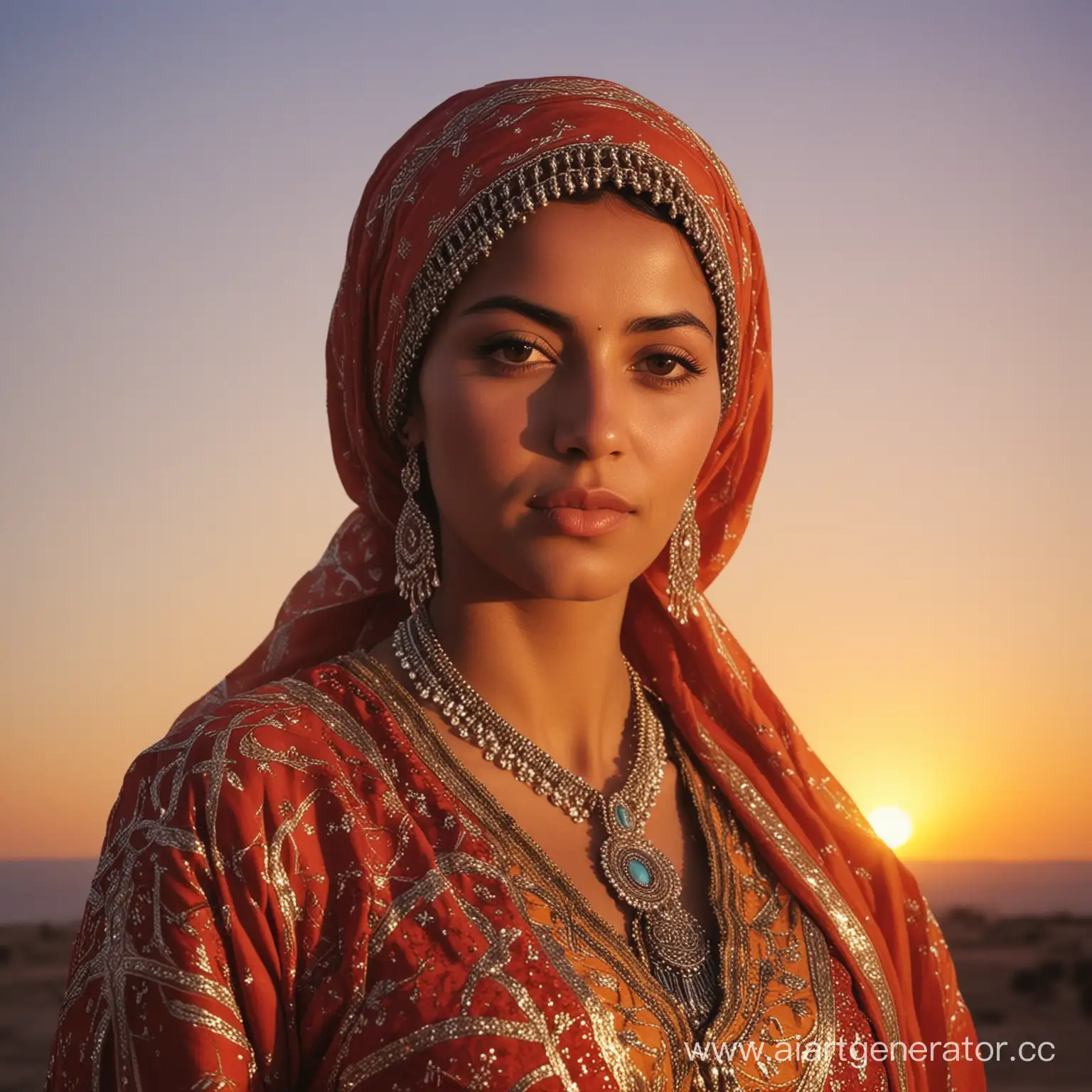 A woman from Morocco in the sixties in traditional dress at sunset