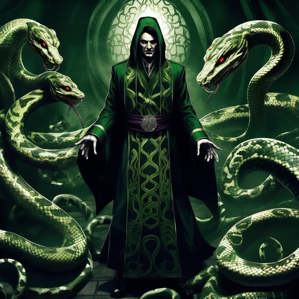 the enigmatic and cunning leader of the Serpent Scales Syndicate. A hybrid of a charismatic cult leader and a serpent, he possesses serpentine eyes and a hypnotic gaze. Adorned in dark, ceremonial robes with snake motifs, Vipertongue's human form conceals a serpentine tail that strikes with venomous precision. His voice carries an unsettling charm, capable of manipulating both allies and enemies.