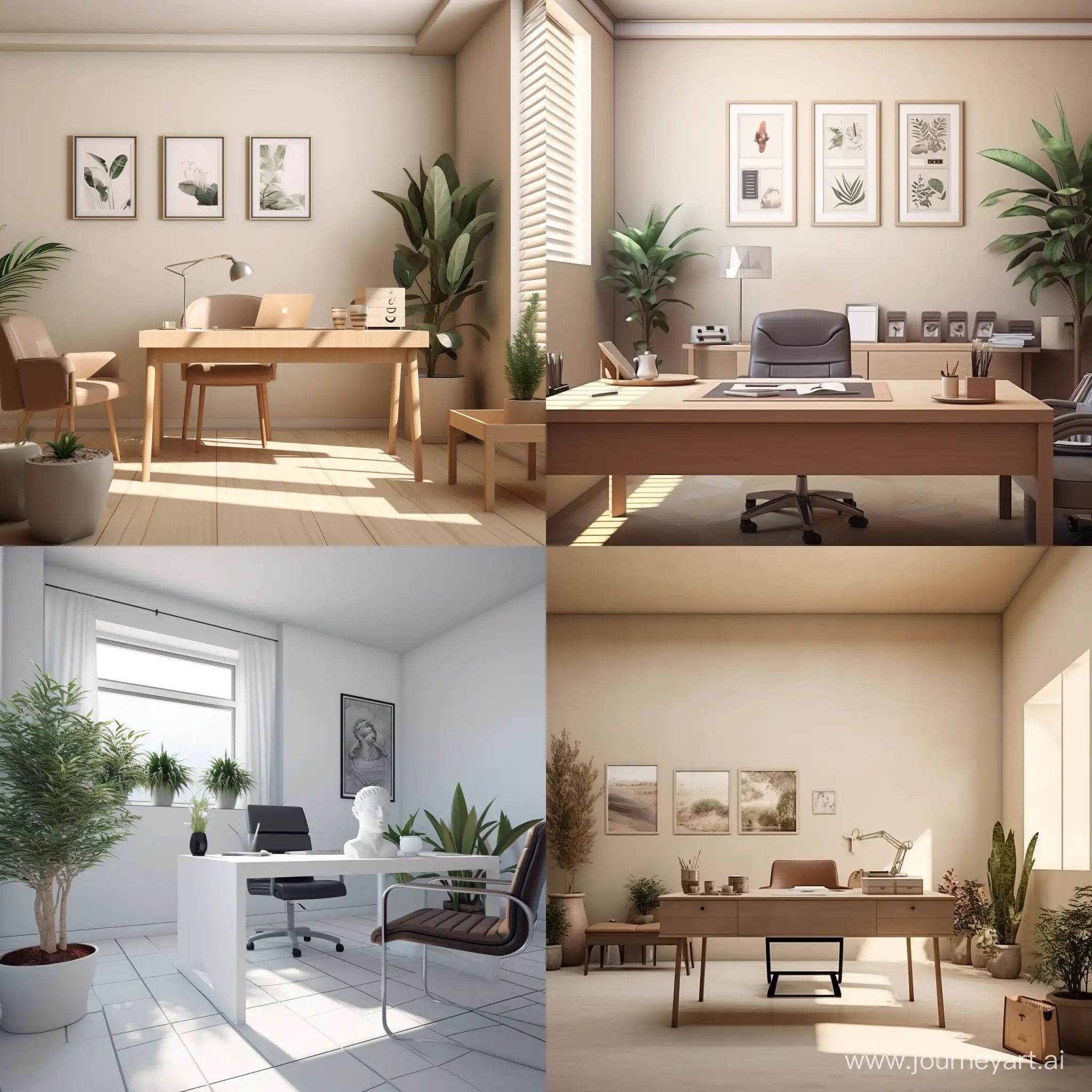 a modern office with a few plants and desk with a notary with stamps and seals, minimalistic with light colors, ultrarealistic