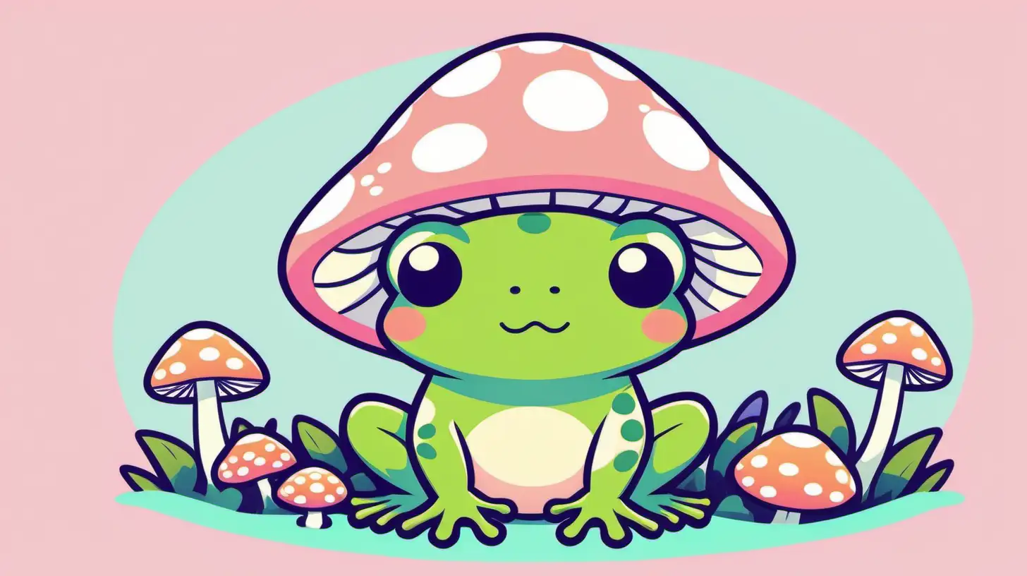 STYLE: flat vector illustration | SUBJECT: cottagecore frog with mushrooms | AESTHETIC: super kawaii, bold outlines | COLOR PALLETTE: pastels | IN THE STYLE OF: Sanrio, desktop wallpaper — niji 5 — s 50
