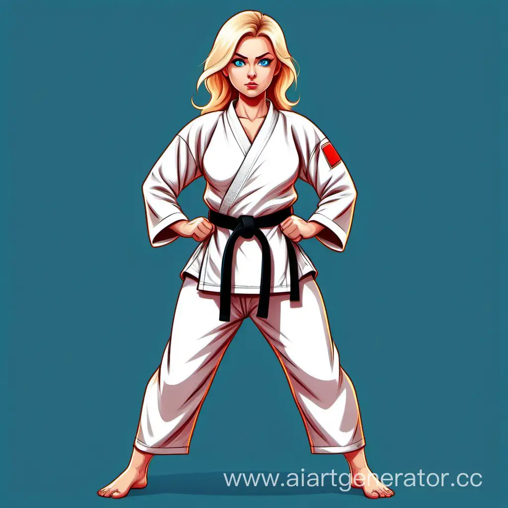 cartoon style little height curvy blonde woman with big sky blue eyes dressed in karate suit