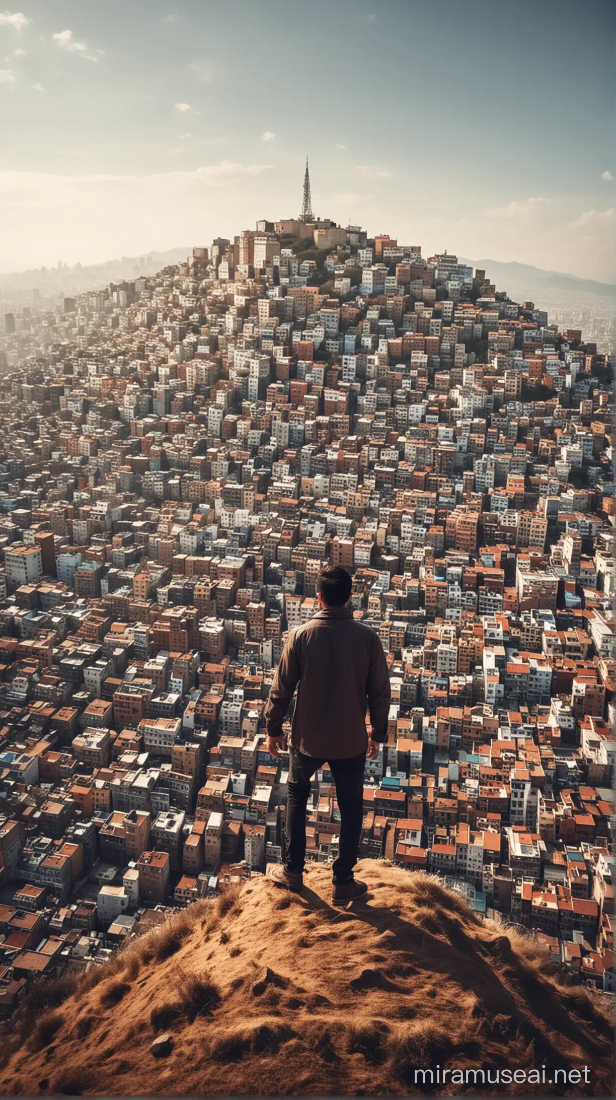 Man Standing on Hill Overlooking Bustling Cityscape