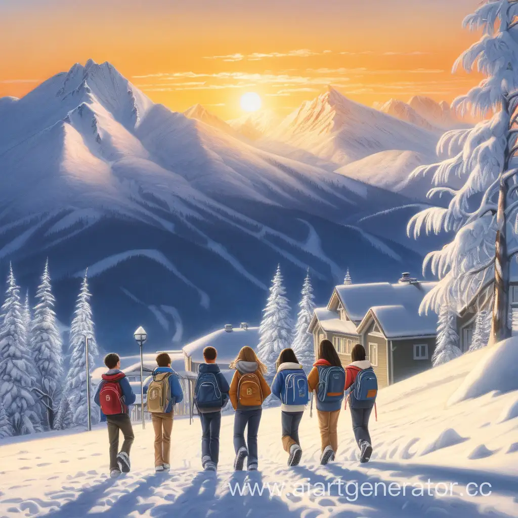 Background: sun began to set behind the high snow-covered mountains. Foreground: 5 students go to the house
