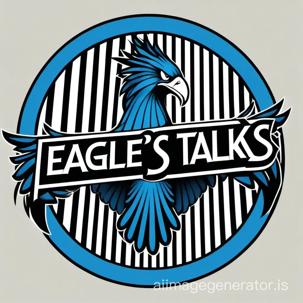 a logo with a raising blue phoenix trapped in a striped black circle with the following text "EAGLE'S TALKS"