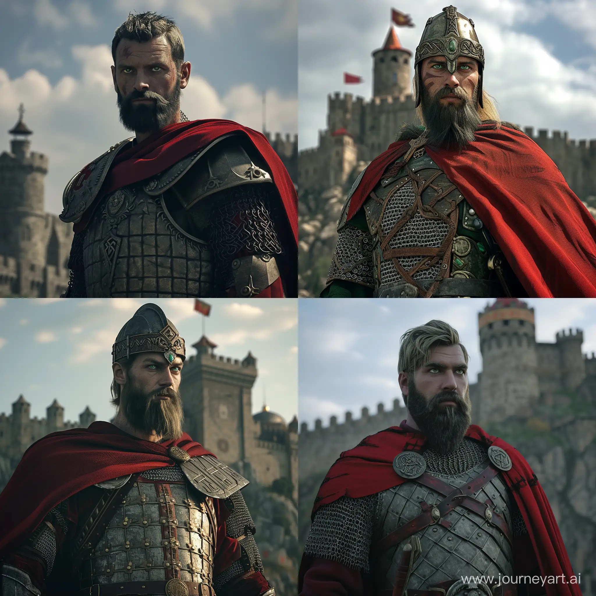 Kievan Rus chieftain Rurik standing tall in front of a castle. He has dark blonde beard and dark green eyes. Wearing plate armor, red cape and Northern helmet. He seems proud and brave. Cinematic shot. Ultra realistic. HD