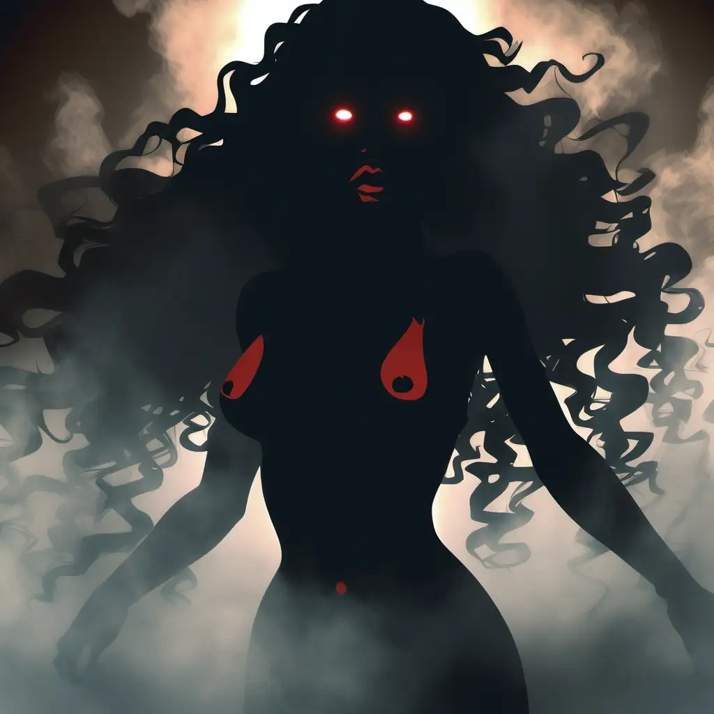 [CLOSE UP] Anime Silhouette, lone woman being invaded through the mouth by black smoke, emotional, scary nature, death, (mature, whole body, ethereal long black wild curly hair, brown skin, black lip, red eyes, full hips/thighs, and bewitching chest with medium breasts), extremely detailed, ultra-sharp focus, depth of field, perfect meshes and textures, highly accurate reflections, volumetric fog, volumetric lighting, face drawn by the masterful artist Paul Gauguin, thin and soft lines --ar 2:3 --niji 5