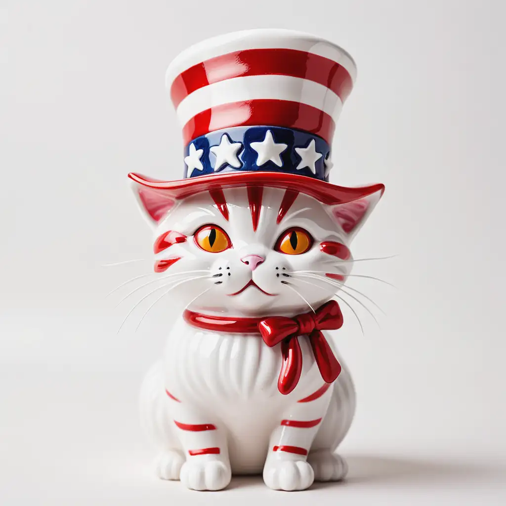 Patriotic White Ceramic Cat in American Style Hat on Red and White Striped Background