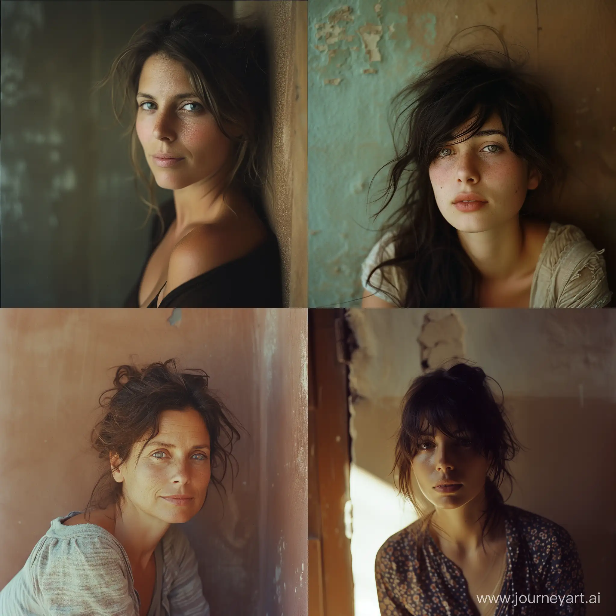 Intimate photographic portrait of stylish 40 years old Italian woman, in front of a brownish wall, messy hair, peaceful and joyful expression, looking at camera, eye contact, summer gentle light, cinematic style, shot with Kodak Portra 160::2 ; in the style of Saul Leiter::2 --style raw
