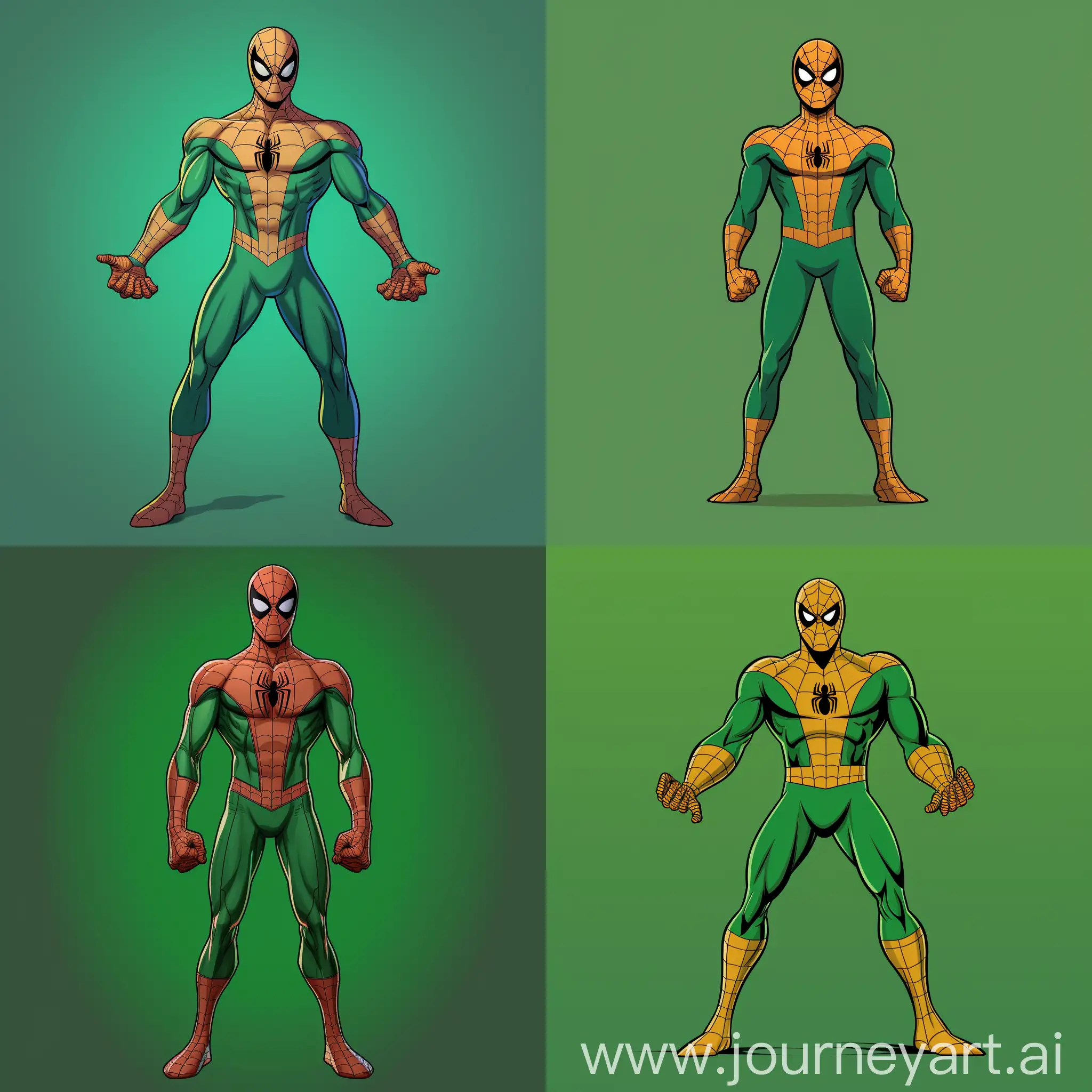 Front view of Spider-Man as a character in Scooby-Doo, standing full length with arms and legs open and looking at the camera, on a green background --v 5.2