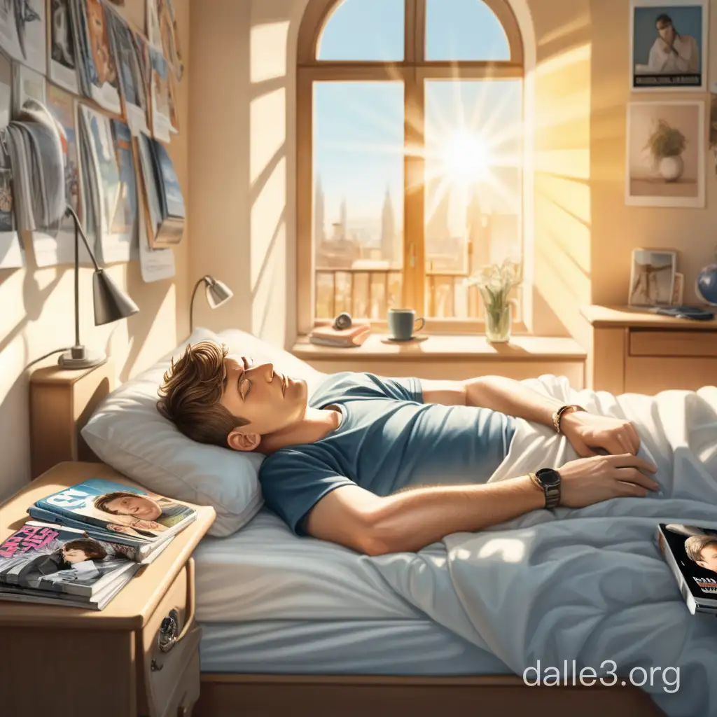 a man with short hair is lying ON a bed in a room, the sun is shining outside the window, there is a bedside table with magazines next to it. lots of details, hyperdetalization