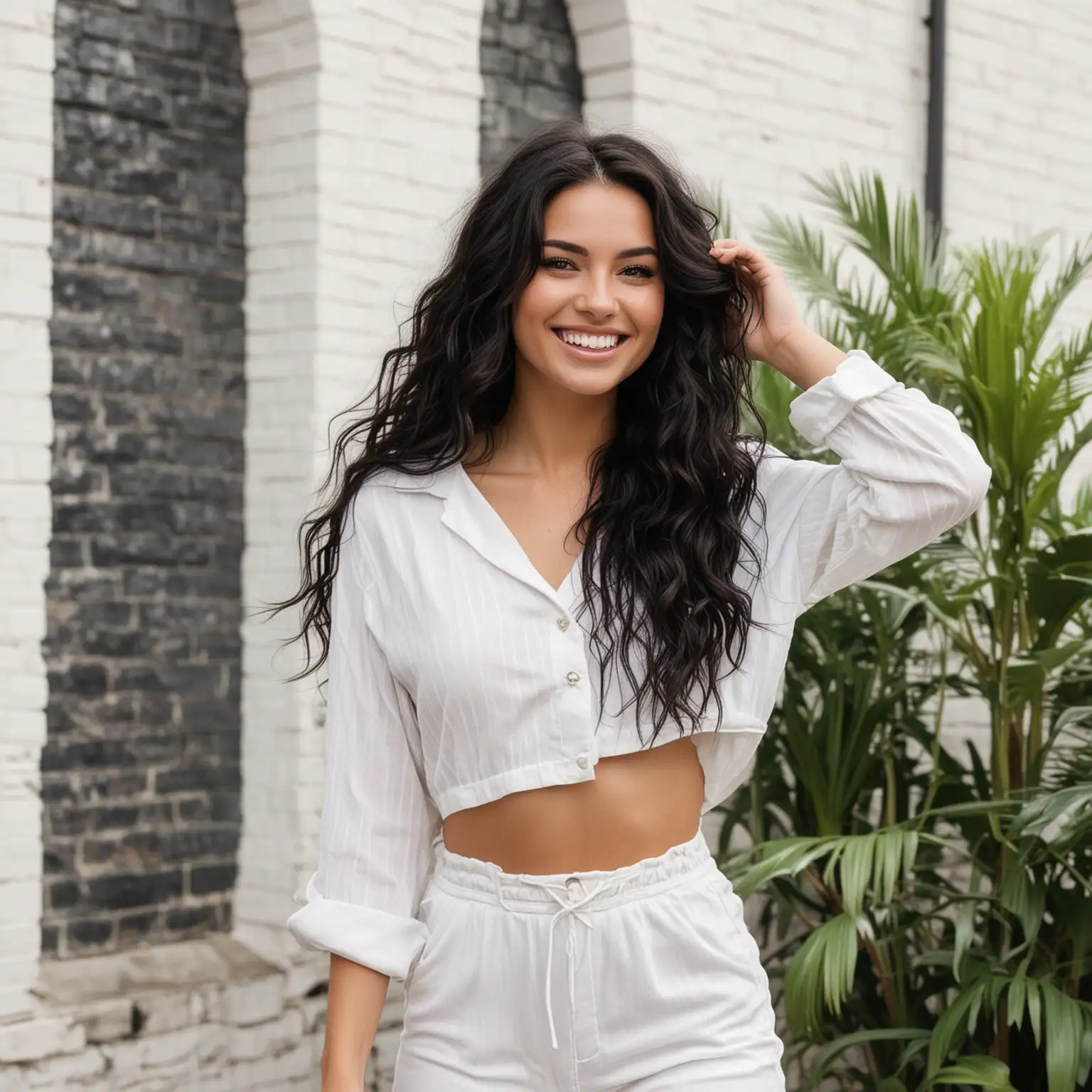 hair model in long black wavy hair. she is smiling wearing a two piece white outfit. She is edgy. Background is the inside of white old school brick warehouse with tropical plants. 
