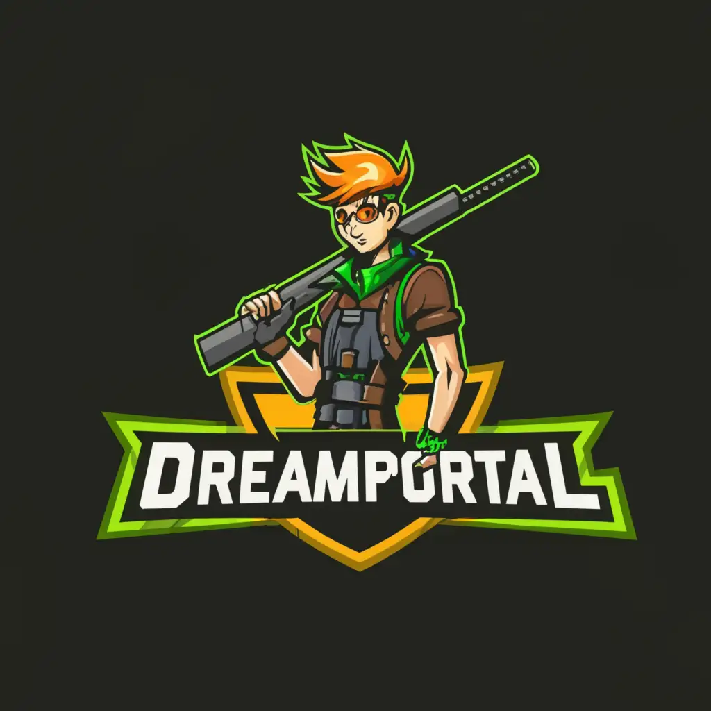 a logo design,with the text "DreamPortal", main symbol:Anime guy, with a sniper rifle, orange, green and white color and mirrored background,Moderate,be used in Internet industry,clear background