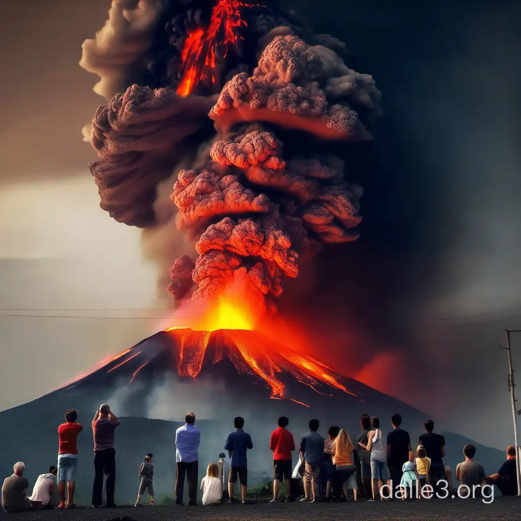 люди смотрят на извержение вулкана, очень страшно, катастрофа, апокалипсис 