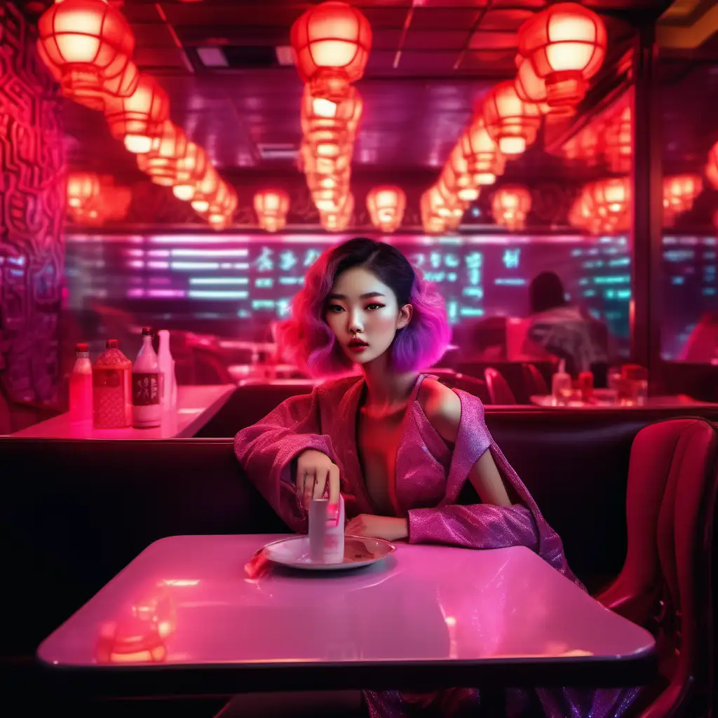 photorealistic beautiful korea modell, sitiing in a chinese restaurant, neon lights, neon signboards,light pink, purple, red futuristic and modern fashionable, elegante, extra, shiny textures, transparenty, and lighting clothes, extravagant haris, and makeup, surrealistic background, plastic weird clothes