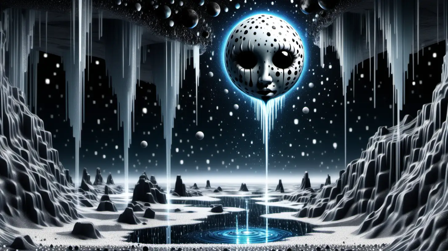 Freezing rain puddles with hollow faces, checkered background of white and black pixelated waterfalls, black moon with grains of sand pouring off of, HD, High Quality imagery, bold color and sharp outlines, sky of silver and light blue highlights of miniature planets and dead stars, transparent spirit in polymerization with the air 
