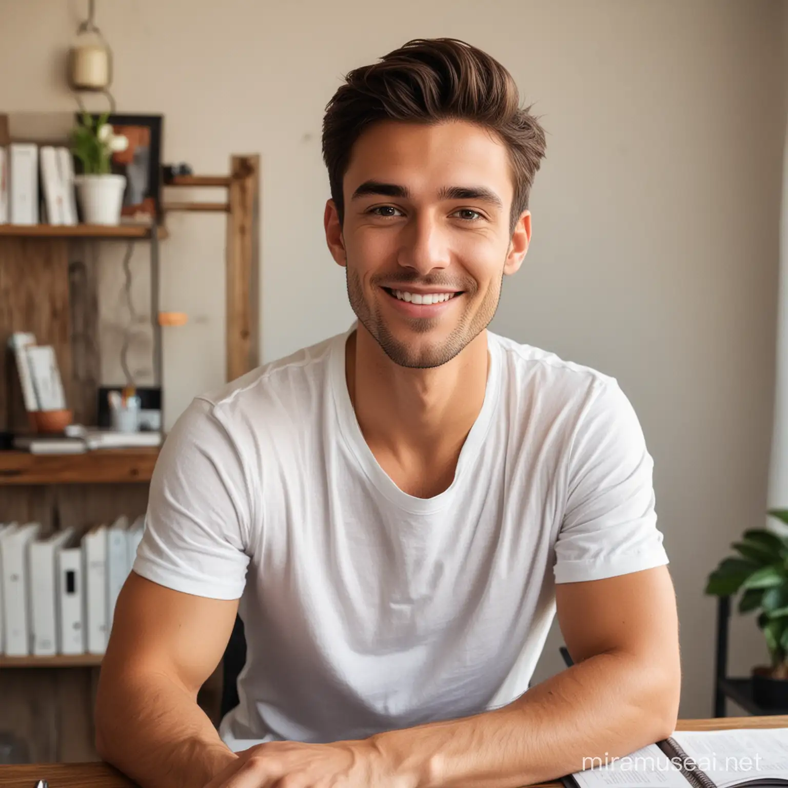 Young Man in Casual Attire Enjoying Conversations in Rustic Office Setting