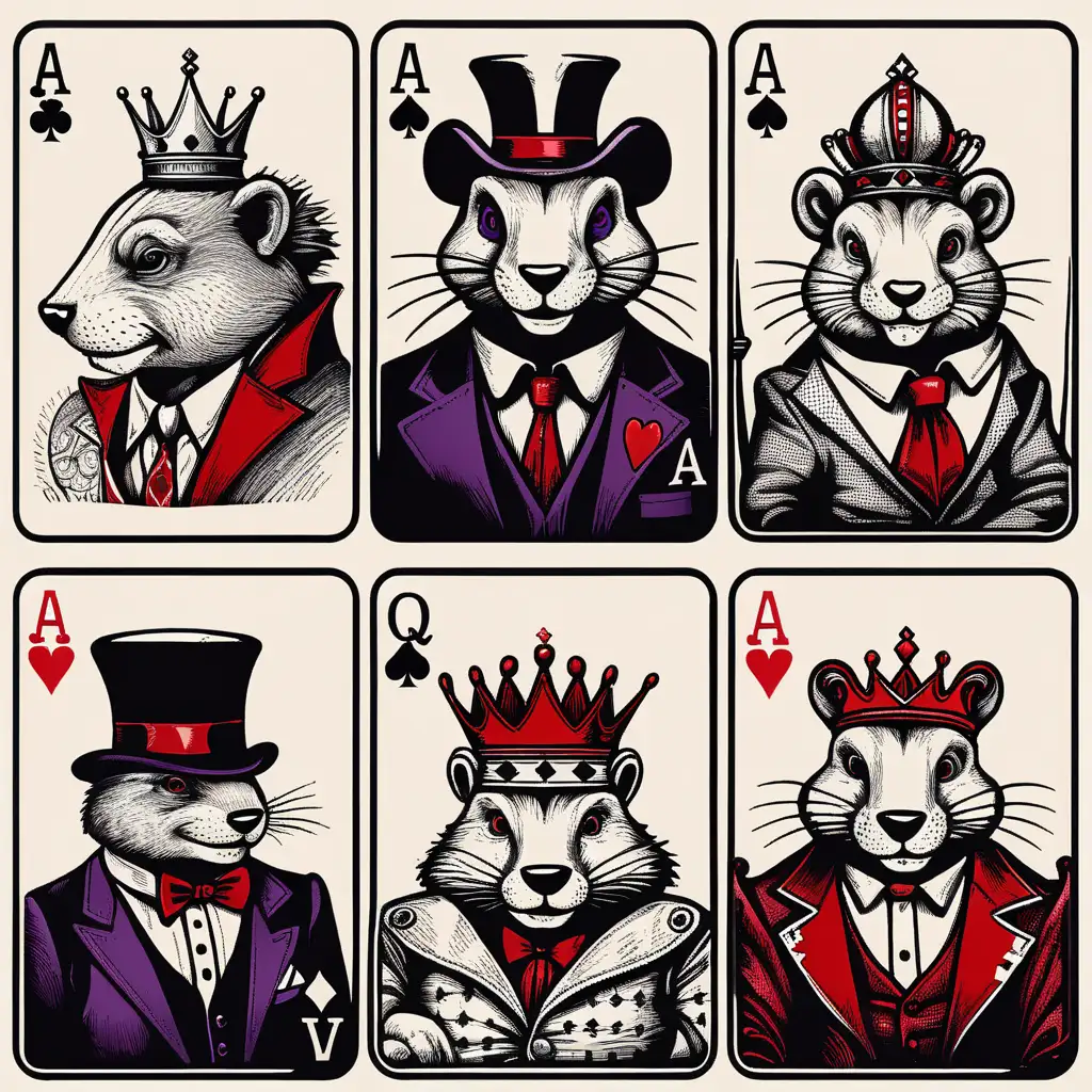 Покерные карты Джокер, Туз, Королева, Король с персонажем Бобра, ручная отрисовка, стильная отрисовка в стиле графика - масть пика