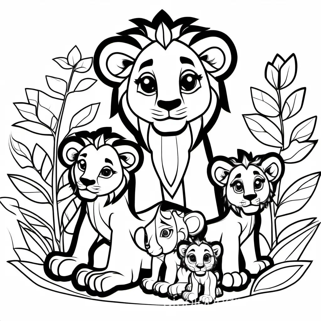 cute baby lion with family coloring pages, Coloring Page, black and white, line art, white background, Simplicity, Ample White Space. The background of the coloring page is plain white to make it easy for young children to color within the lines. The outlines of all the subjects are easy to distinguish, making it simple for kids to color without too much difficulty