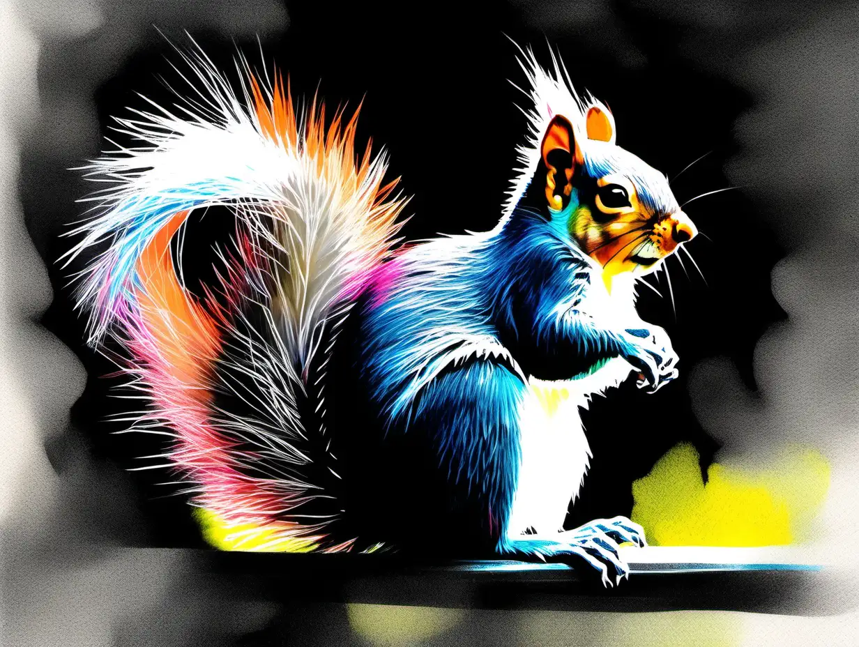 squirrel, brush-like, ruff painted style, blurry strokes, white pastel on black paper, watercolor on top, colorful